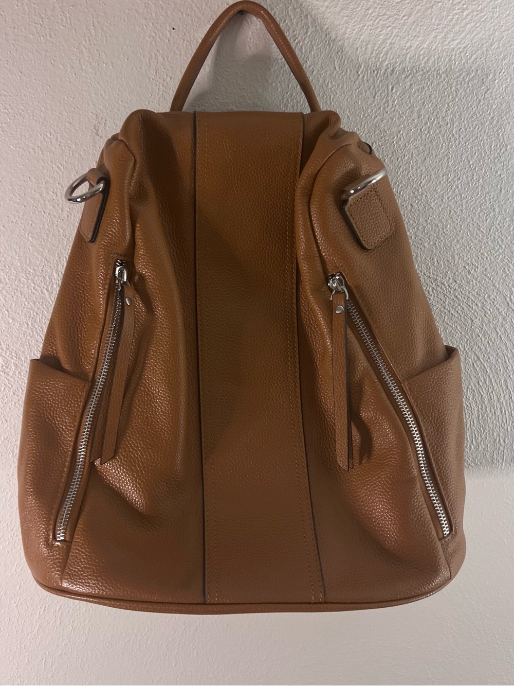 Classic Tan Pebbled Leather Backpack with Front Zip Pockets